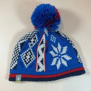 Smartwool Kids Snowflake Beanie Pom Winter Hat Merino Wool Youth Boys Blue Red